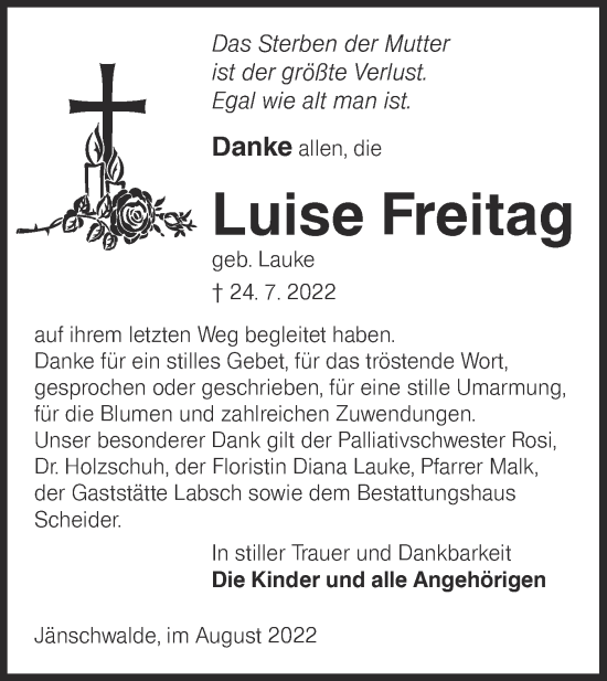 Traueranzeige von Luise Freitag von lausitzer_rundschau