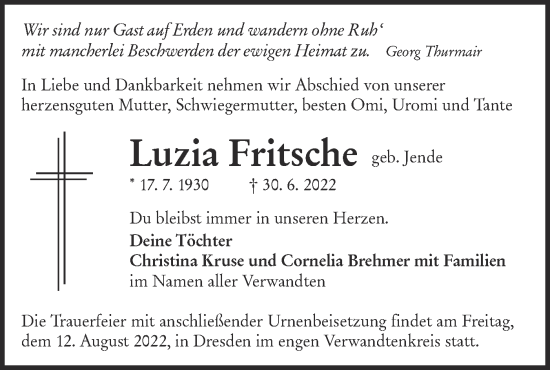 Traueranzeige von Luzia Fritsche von lausitzer_rundschau