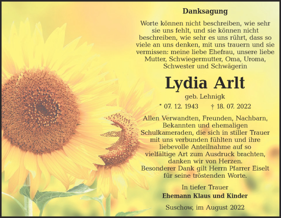 Traueranzeige von Lydia Arlt von lausitzer_rundschau