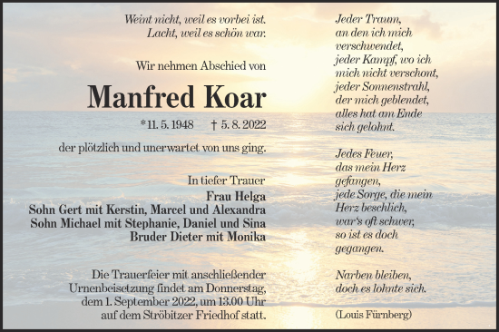 Traueranzeige von Manfred Koar von lausitzer_rundschau