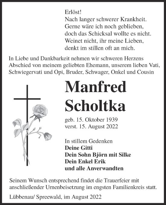 Traueranzeige von Manfred Scholtka von lausitzer_rundschau