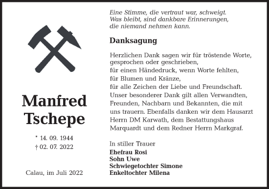 Traueranzeige von Manfred Tschepe von lausitzer_rundschau