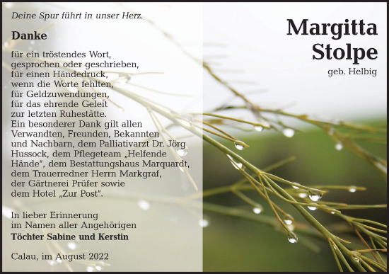 Traueranzeige von Margitta Stolpe von lausitzer_rundschau