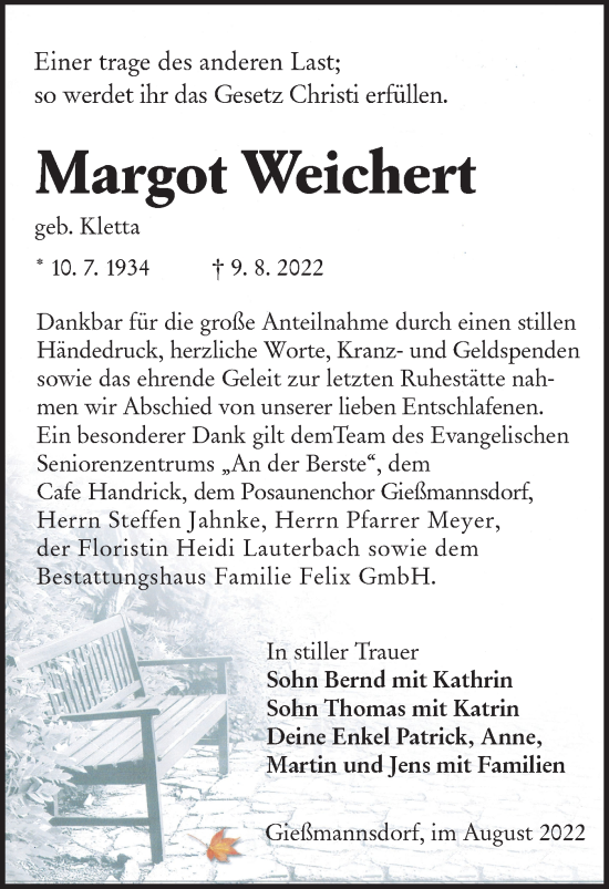 Traueranzeige von Margot Weichert von lausitzer_rundschau