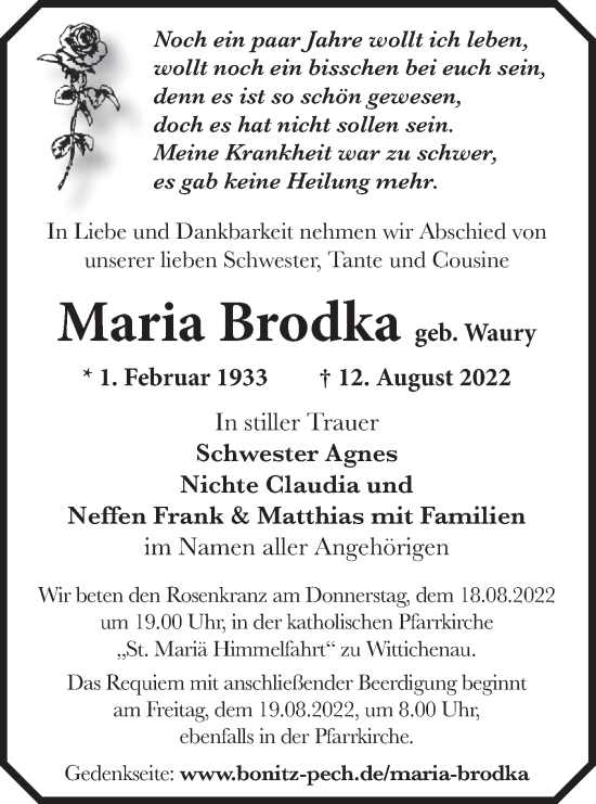 Traueranzeige von Maria Brodka von lausitzer_rundschau