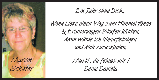 Traueranzeige von Marion Schäfer von lausitzer_rundschau