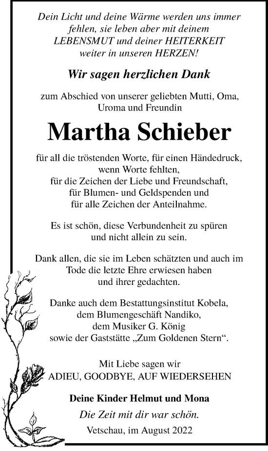 Traueranzeige von Martha Schieber von lausitzer_rundschau