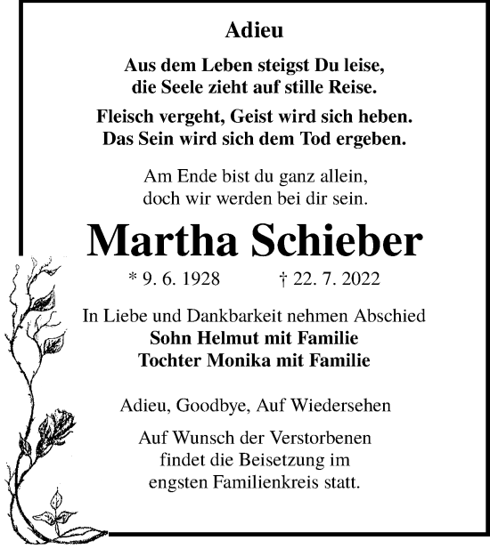 Traueranzeige von Martha Schieber von lausitzer_rundschau