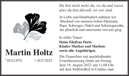 Traueranzeige von Martin Holtz von lausitzer_rundschau