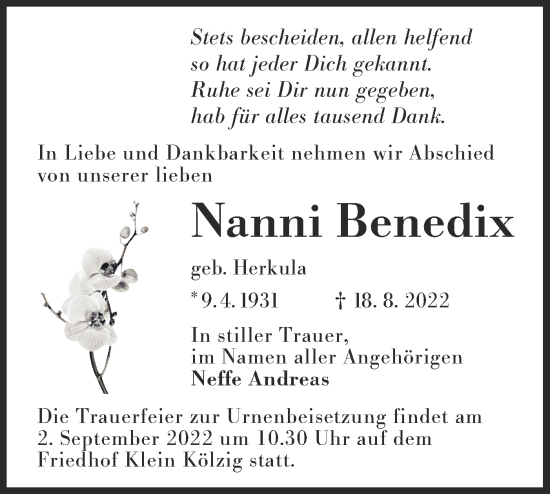 Traueranzeige von Nanni Benedix von lausitzer_rundschau