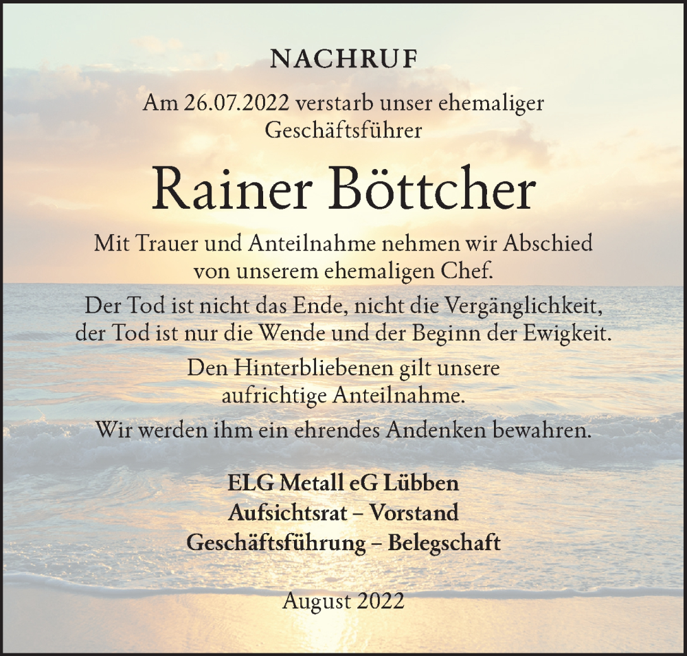  Traueranzeige für Rainer Böttcher vom 12.08.2022 aus lausitzer_rundschau