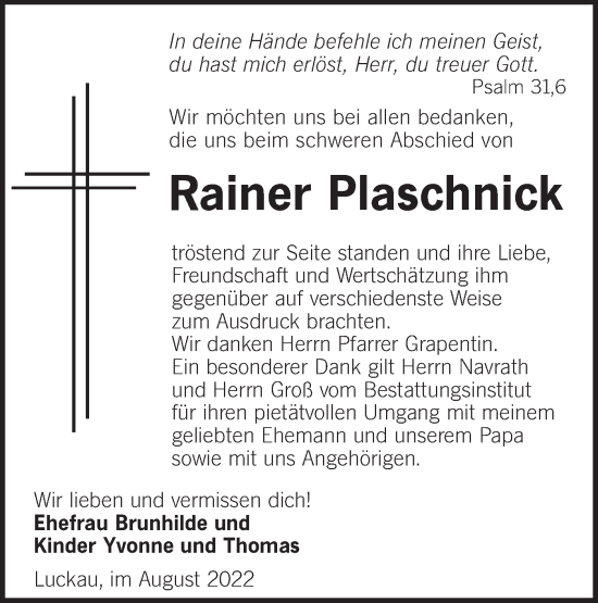 Traueranzeige von Rainer Plaschnick von lausitzer_rundschau