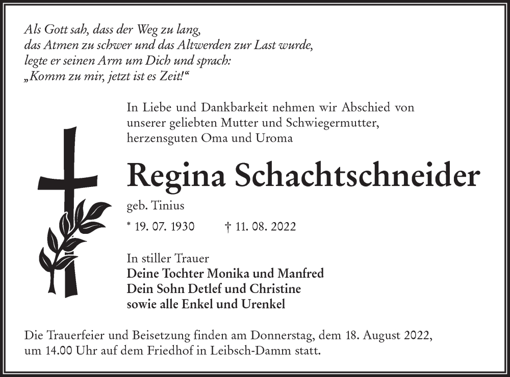  Traueranzeige für Regina Schachtschneider vom 15.08.2022 aus lausitzer_rundschau