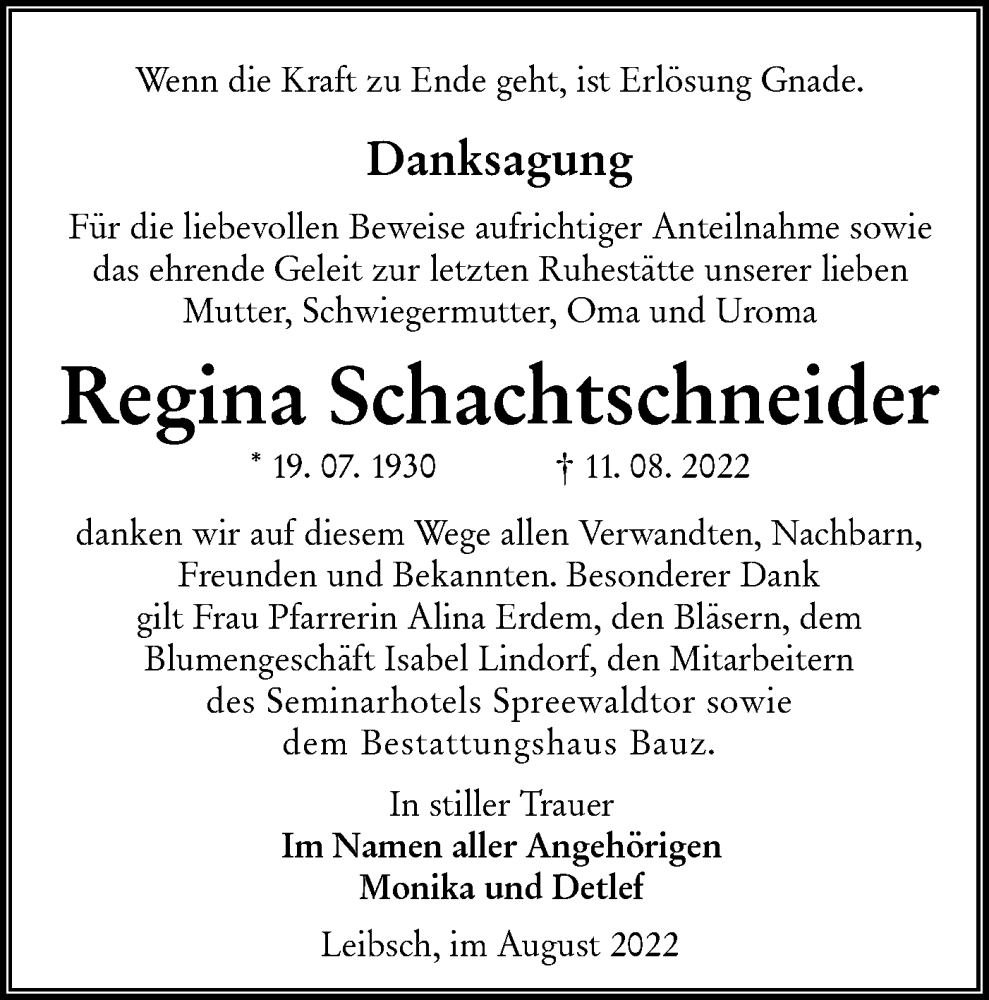  Traueranzeige für Regina Schachtschneider vom 30.08.2022 aus lausitzer_rundschau