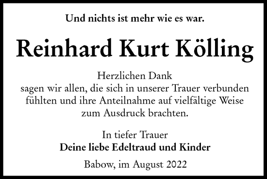 Traueranzeige von Reinhard Kurt Kölling von lausitzer_rundschau