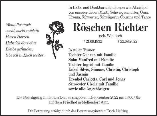 Traueranzeige von Röschen Richter von lausitzer_rundschau