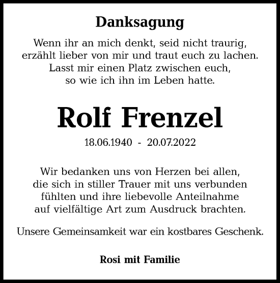 Traueranzeige von Rolf Frenzel von lausitzer_rundschau