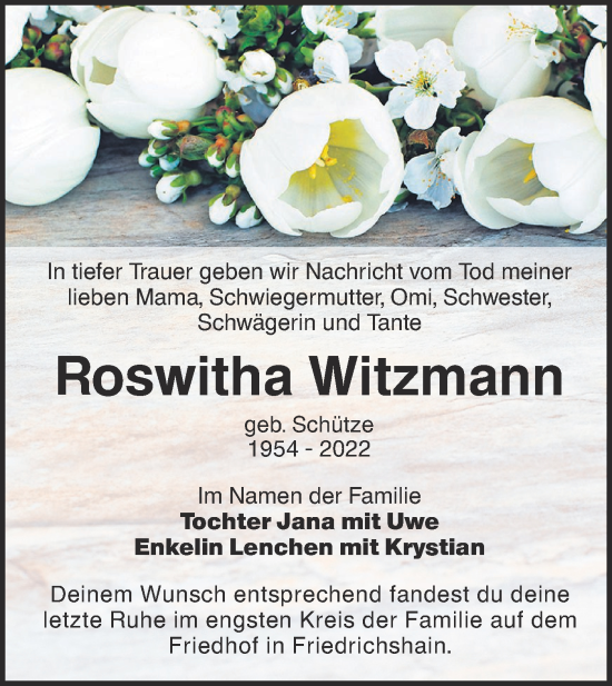 Traueranzeige von Roswitha Witzmann von lausitzer_rundschau