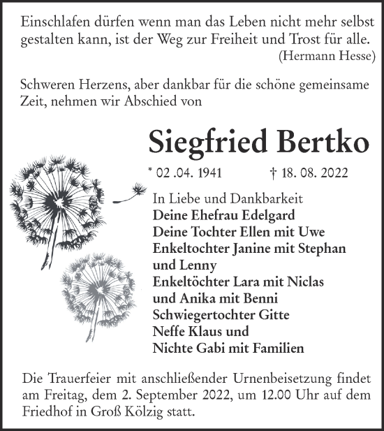 Traueranzeige von Siegfried Bertko von lausitzer_rundschau