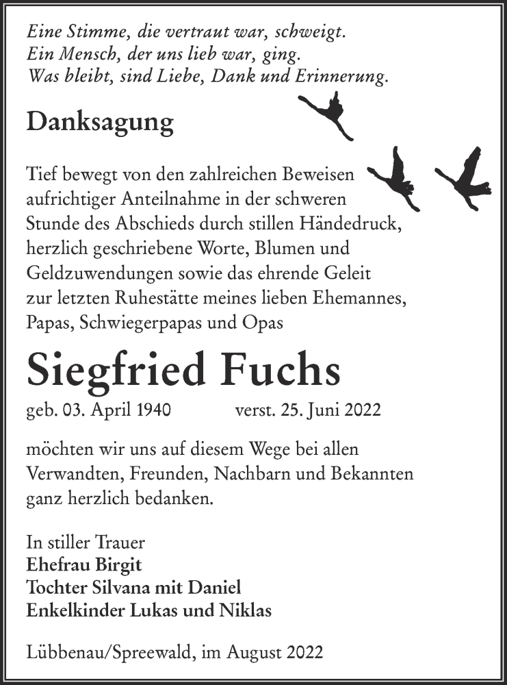  Traueranzeige für Siegfried Fuchs vom 06.08.2022 aus lausitzer_rundschau