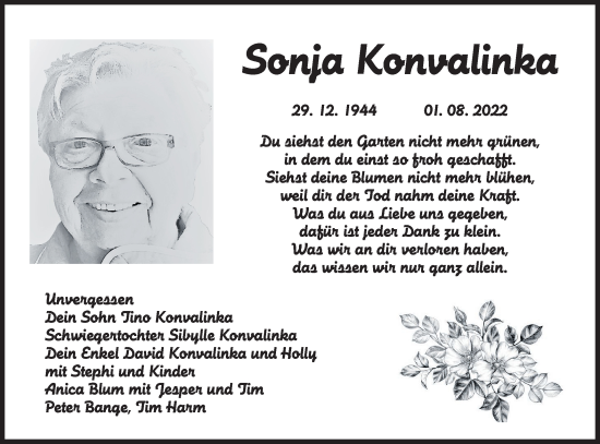 Traueranzeige von Sonja Konvalinka von lausitzer_rundschau