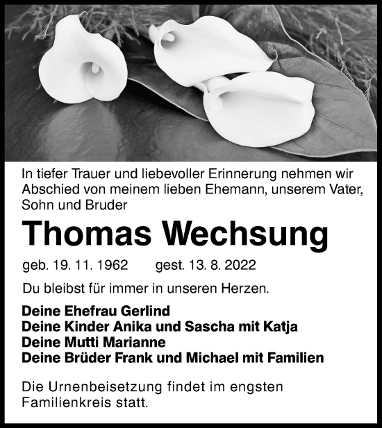 Traueranzeige von Thomas Wechsung von lausitzer_rundschau