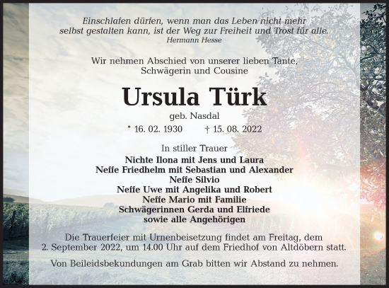 Traueranzeige von Ursula Türk von lausitzer_rundschau