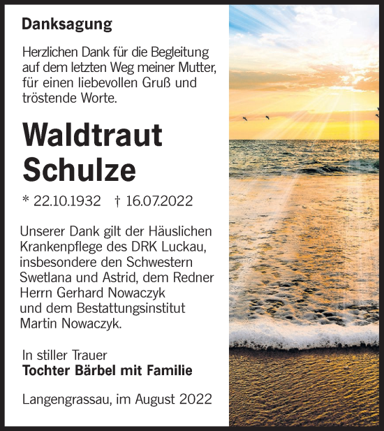 Traueranzeige von Waldtraut Schulze von lausitzer_rundschau