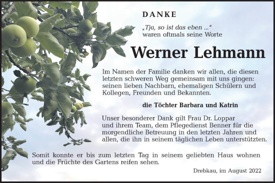 Traueranzeige von Werner Lehmann von lausitzer_rundschau