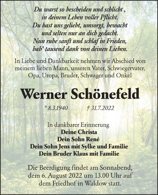 Traueranzeige von Werner Schönefeld von lausitzer_rundschau