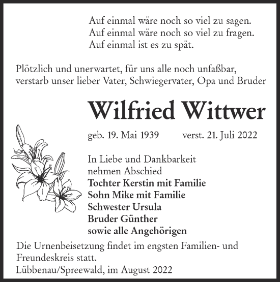 Traueranzeige von Wilfried Wittwer von lausitzer_rundschau