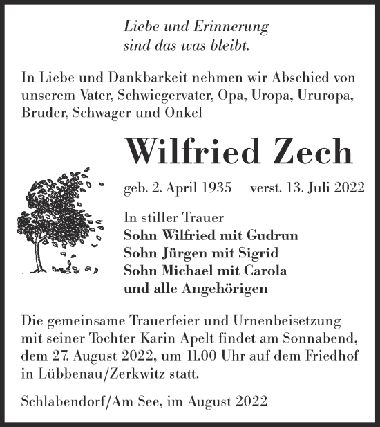 Traueranzeige von Wilfried Zech von lausitzer_rundschau