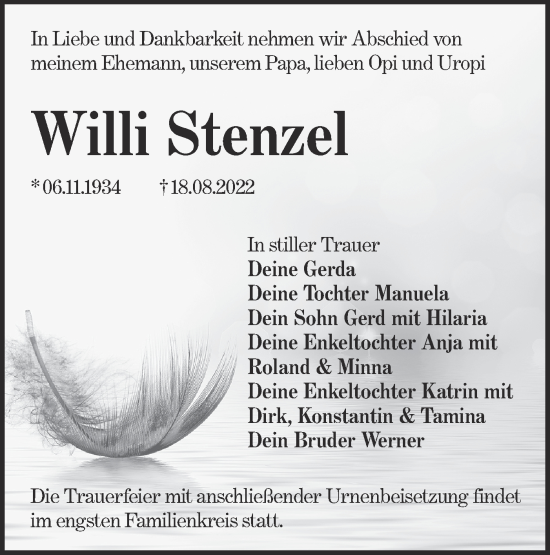 Traueranzeige von Willi Stenzel von lausitzer_rundschau