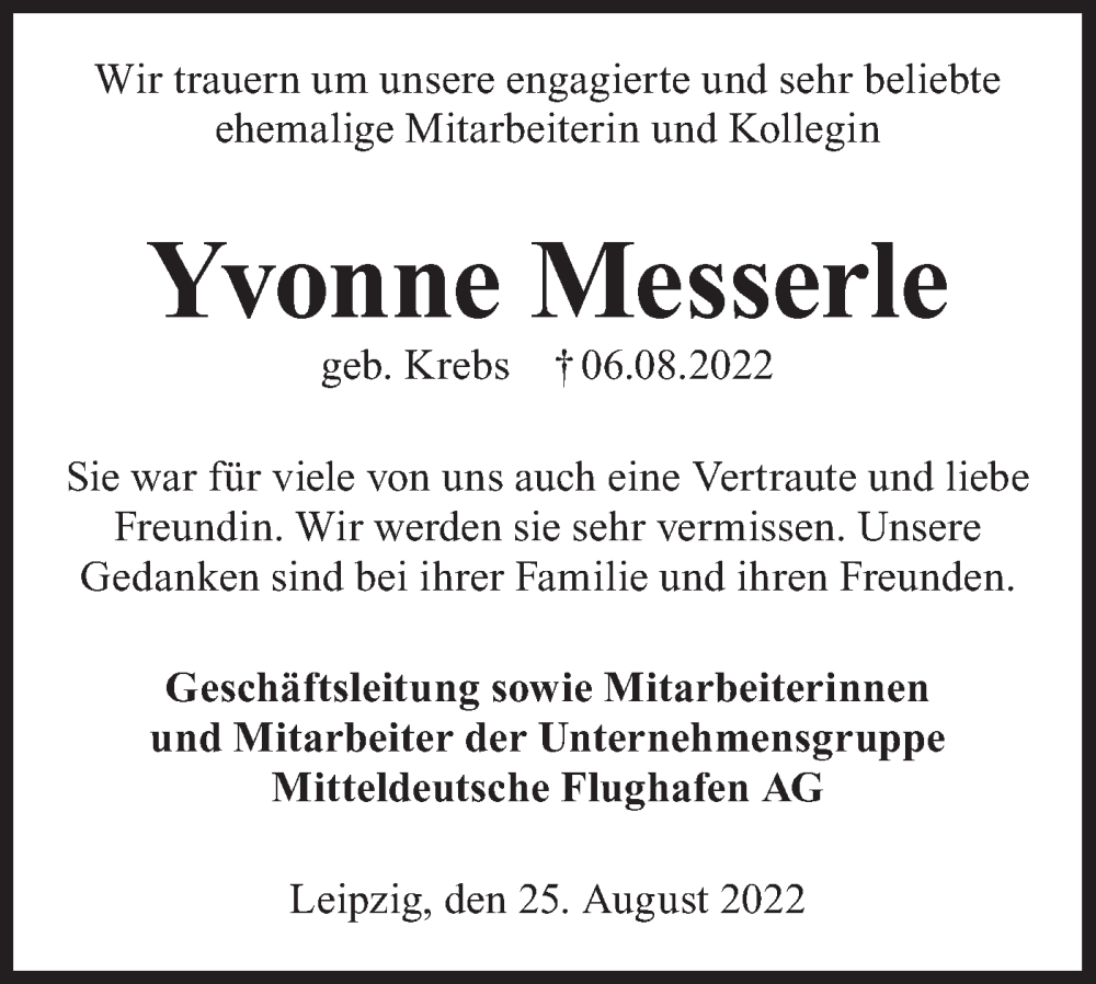  Traueranzeige für Yvonne Messerle vom 25.08.2022 aus lausitzer_rundschau