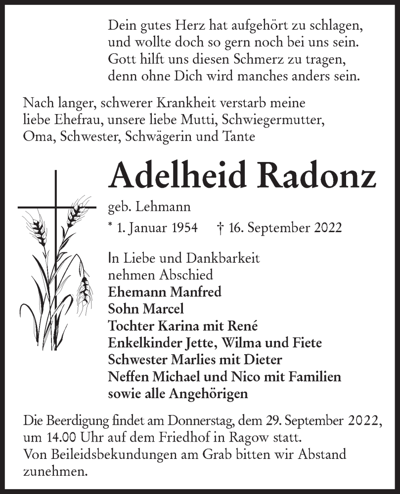  Traueranzeige für Adelheid Radonz vom 21.09.2022 aus lausitzer_rundschau