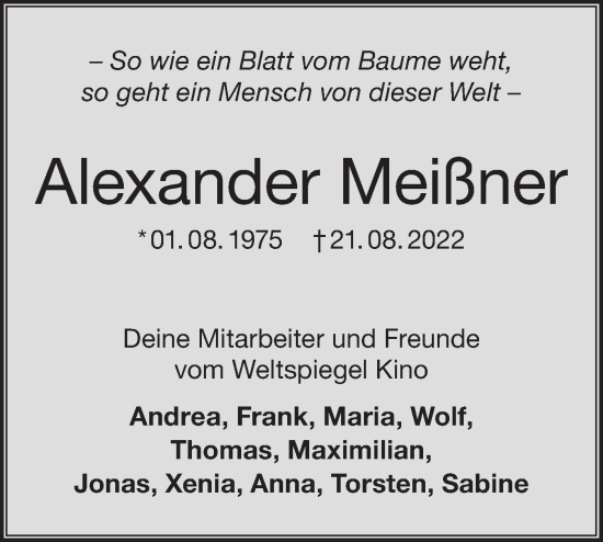 Traueranzeige von Alexander Meißner von lausitzer_rundschau