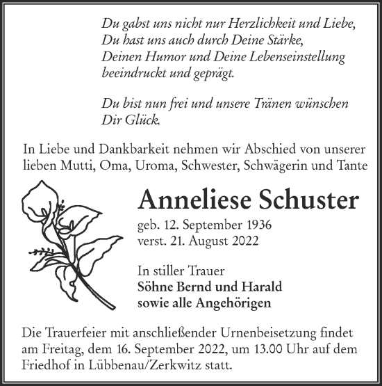 Traueranzeige von Anneliese Schuster von lausitzer_rundschau