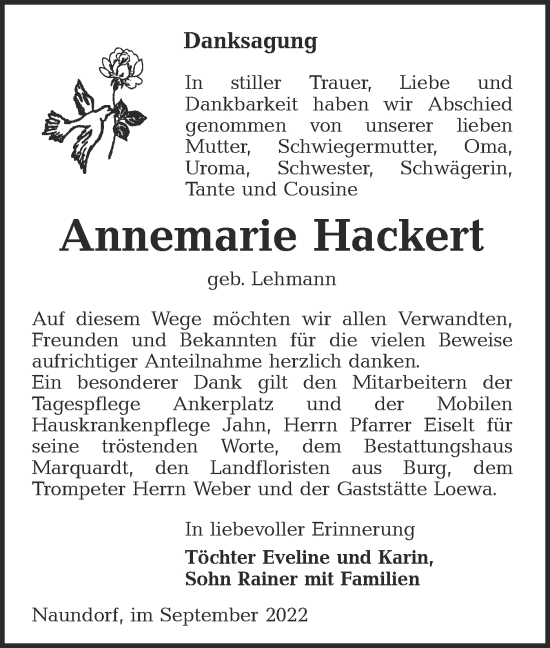 Traueranzeige von Annemarie Hackert von lausitzer_rundschau
