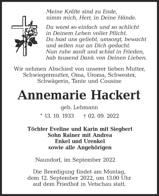 Traueranzeige von Annemarie Hackert von lausitzer_rundschau