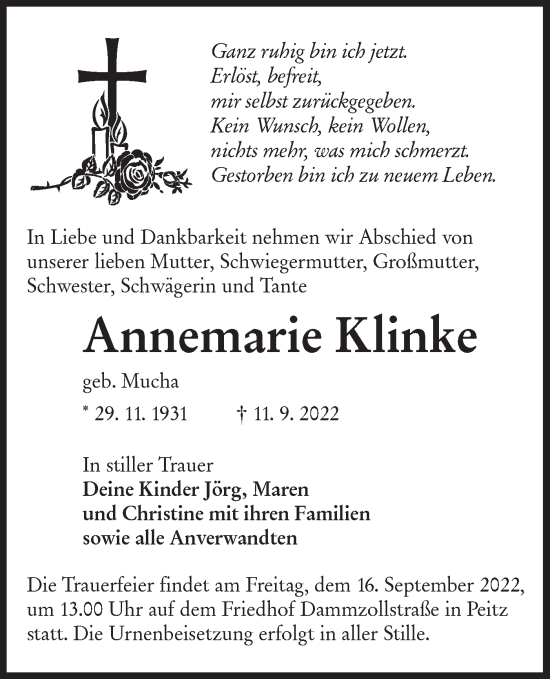 Traueranzeige von Annemarie Klinke von lausitzer_rundschau