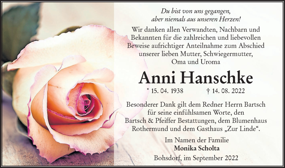  Traueranzeige für Anni Hanschke vom 24.09.2022 aus lausitzer_rundschau