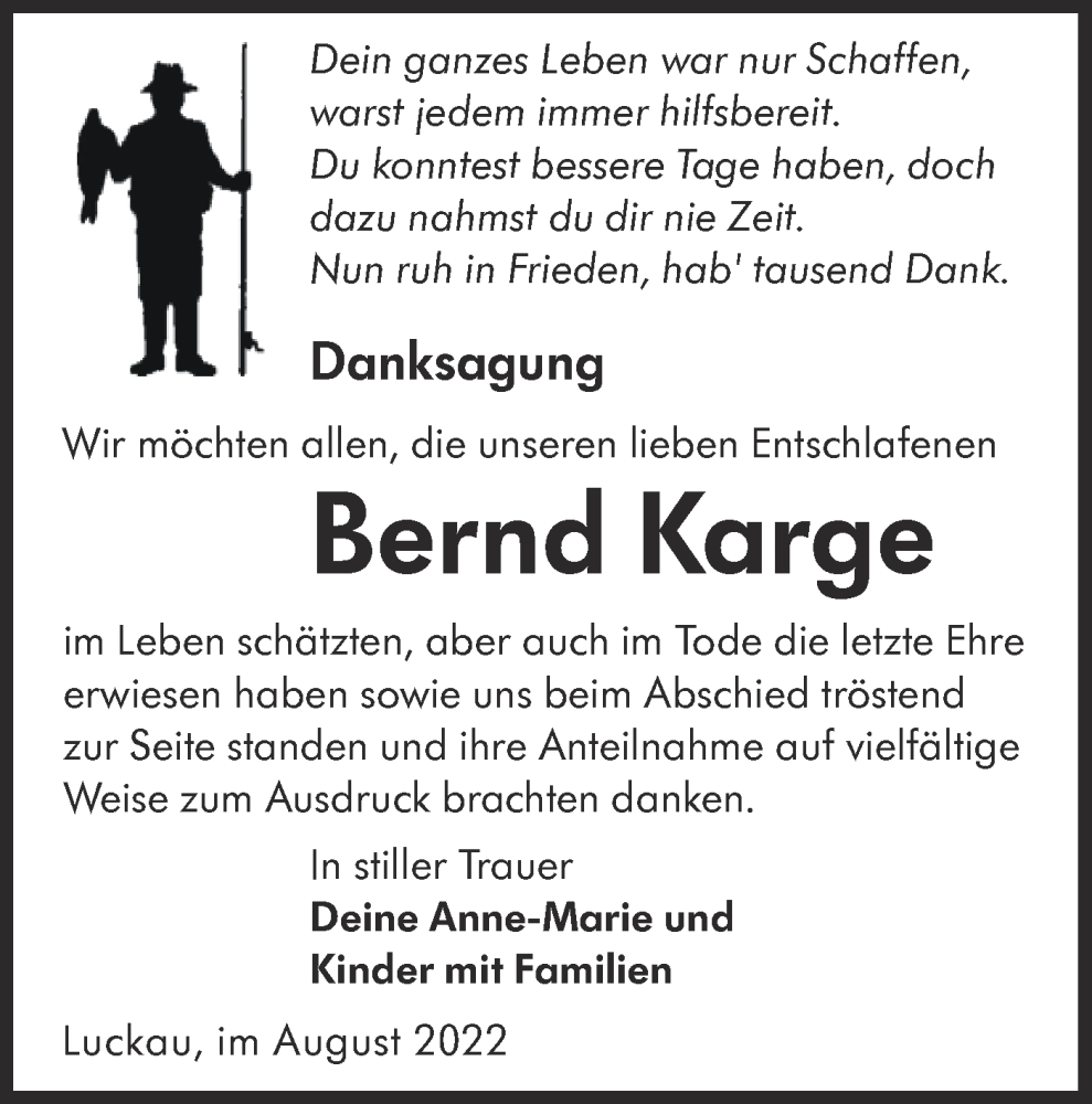  Traueranzeige für Bernd Karge vom 10.09.2022 aus lausitzer_rundschau