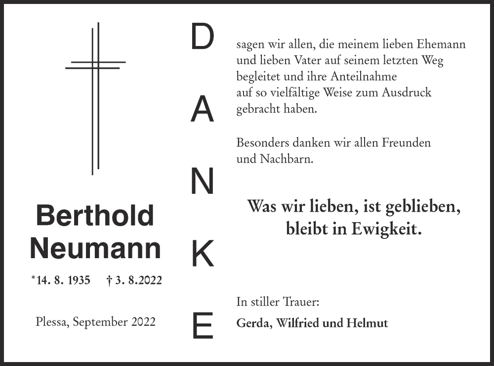  Traueranzeige für Berthold Neumann vom 01.10.2022 aus lausitzer_rundschau