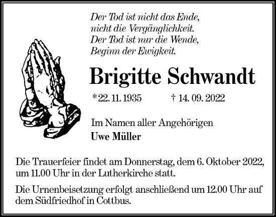 Traueranzeige von Brigitte Schwandt von lausitzer_rundschau