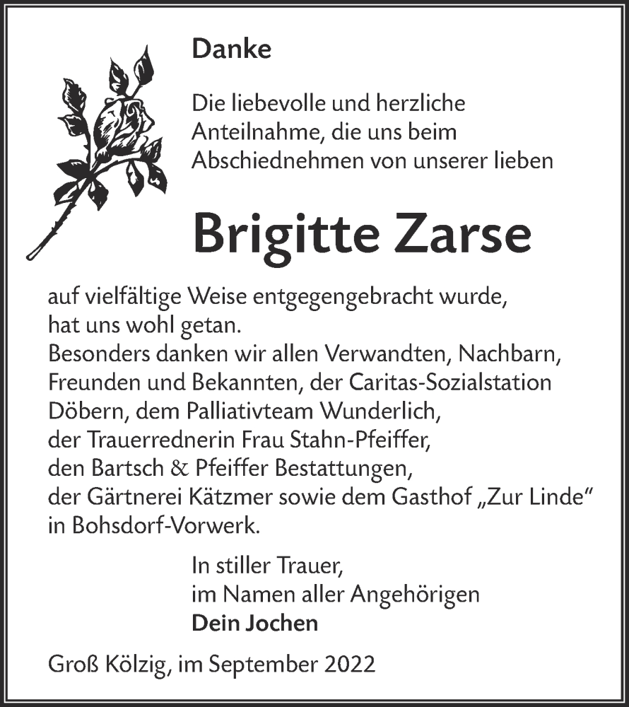  Traueranzeige für Brigitte Zarse vom 10.09.2022 aus lausitzer_rundschau