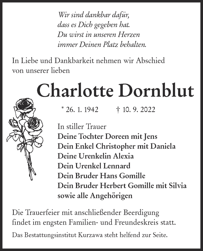  Traueranzeige für Charlotte Dornblut vom 17.09.2022 aus lausitzer_rundschau