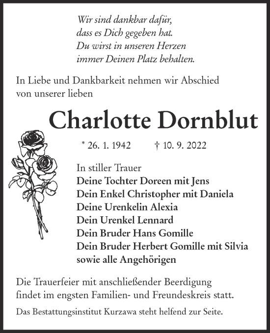 Traueranzeige von Charlotte Dornblut von lausitzer_rundschau
