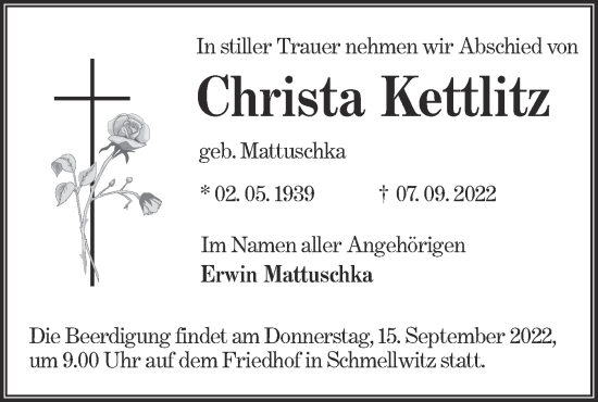 Traueranzeige von Christa Kettlitz von lausitzer_rundschau