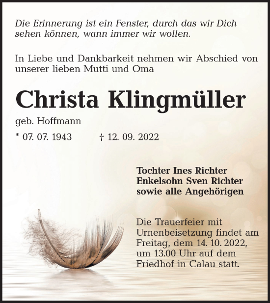 Traueranzeige von Christa Klingmüller von lausitzer_rundschau