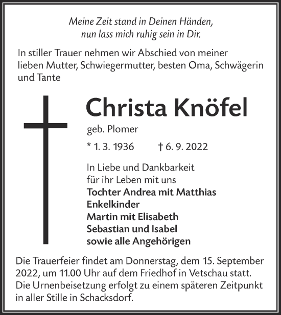 Traueranzeige von Christa Knöfel von lausitzer_rundschau